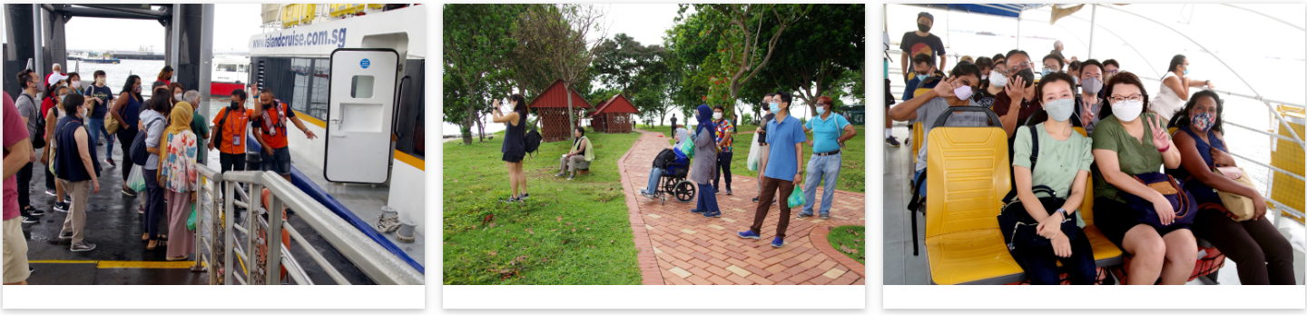 Three scenes: masked people boarding a ferry, a group on a park path with a wheelchair user, and passengers seated on a boat.